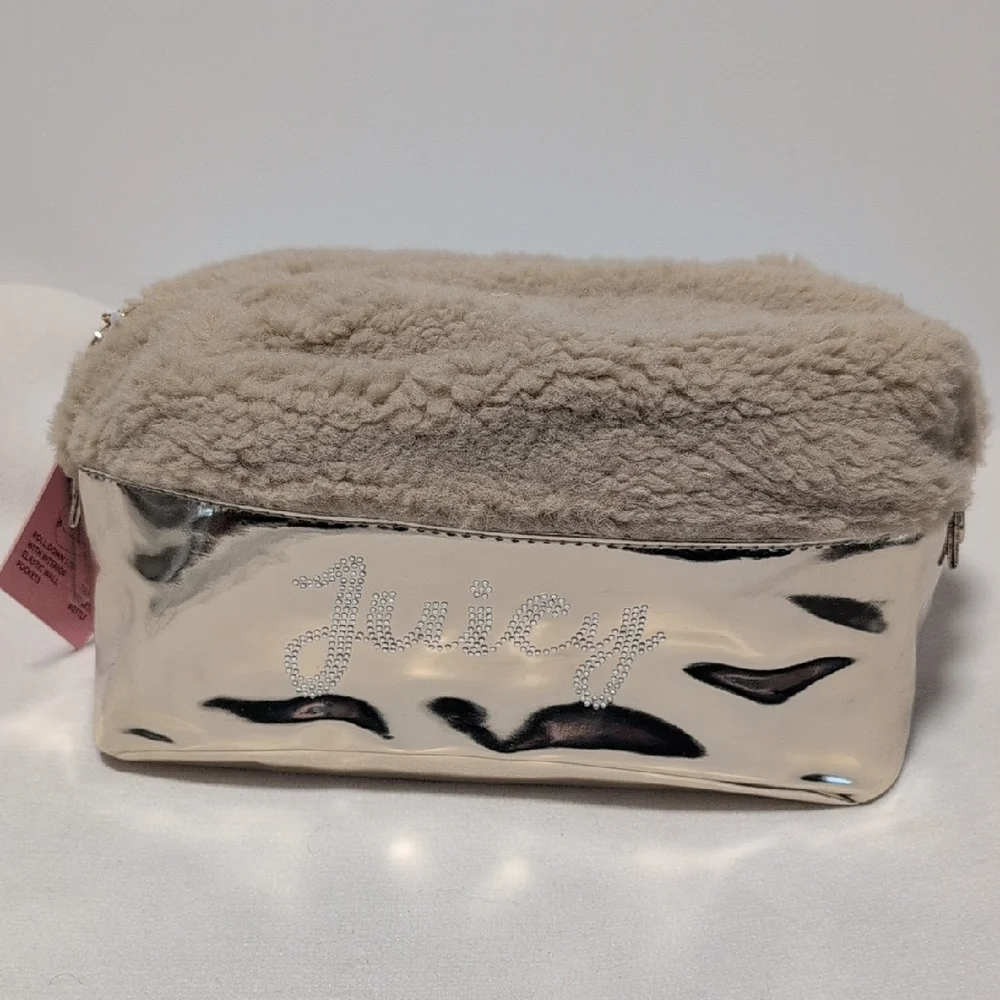Juicy Couture Terry/Sherpa Cosmetic Travel Bag with Roll Down Top